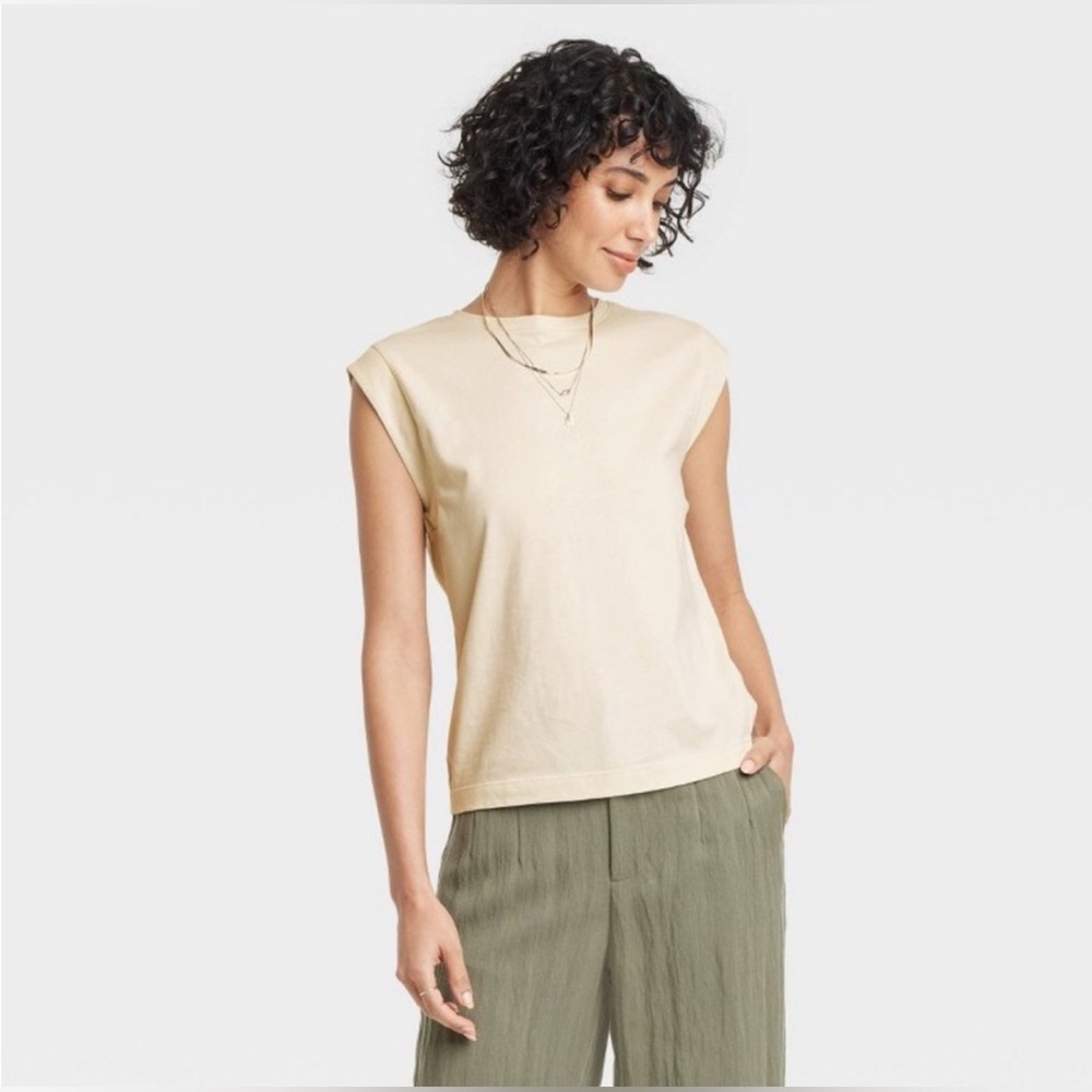 A New Day Beige Cap Sleeve Tee | Size Medium | Minimalist Everyday Top